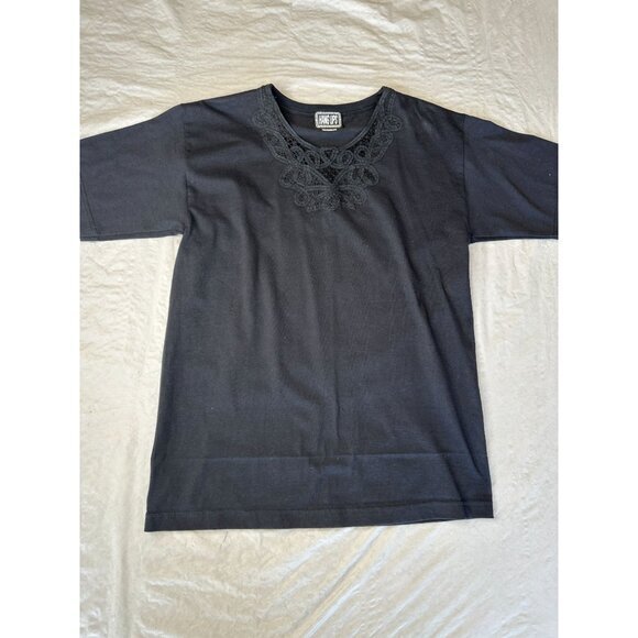 Hang Ups Womens Black Blouse Medium short sleeve pullover 100% cotton round neck - Picture 2 of 7